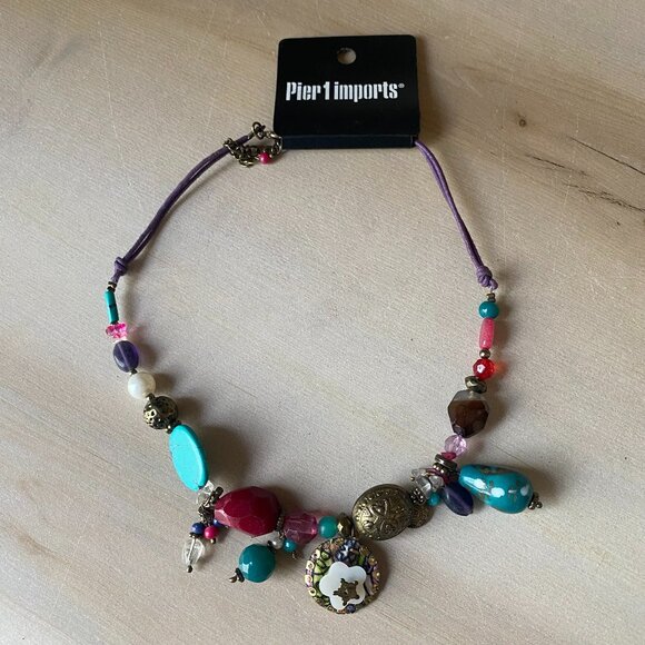 NWT Pier 1 Imports Boho Festival Colorful Mixed Media Necklace glass corded - Picture 1 of 9